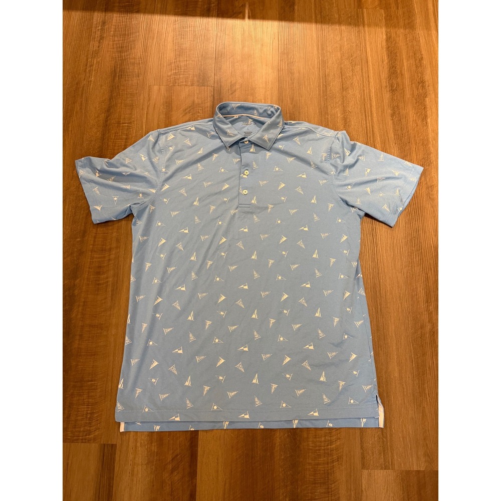 Johnnie-O Polo Shirt Mens Large Malibu Blue Claro Pennant Print JMPO4960